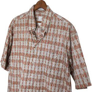 Vintage Burma Bibas Men's Large‎ Orange Geometric Cotton Lawn Short Sleeve Shirt